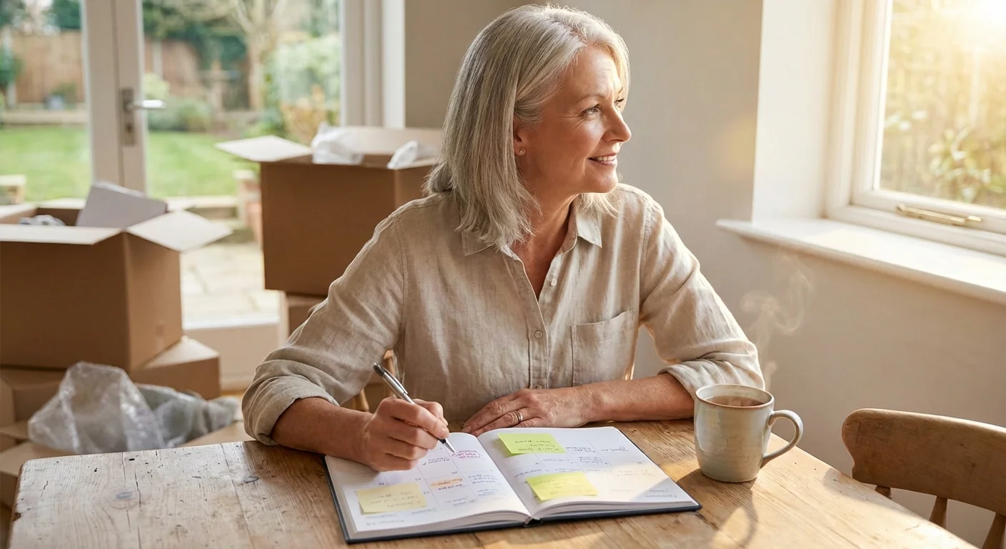 A woman calmly planning her move with a calendar in a sunlit kitchen.