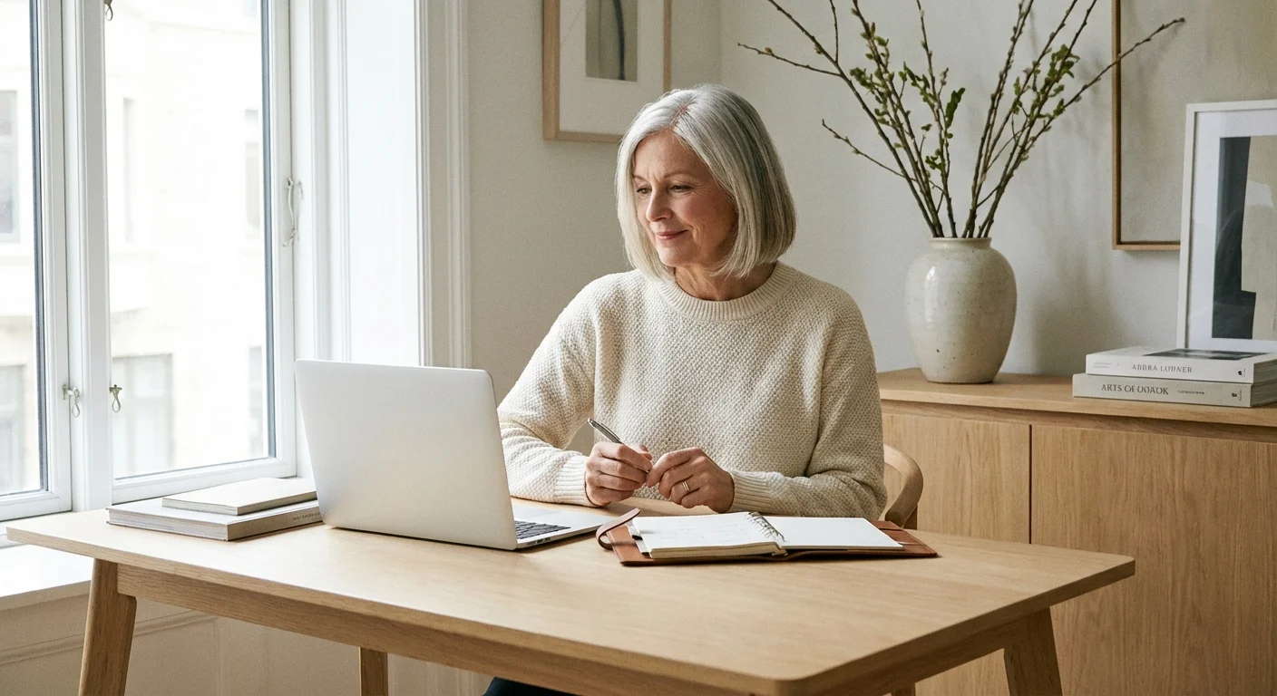 A woman calmly reviewing her retirement budget on a laptop.