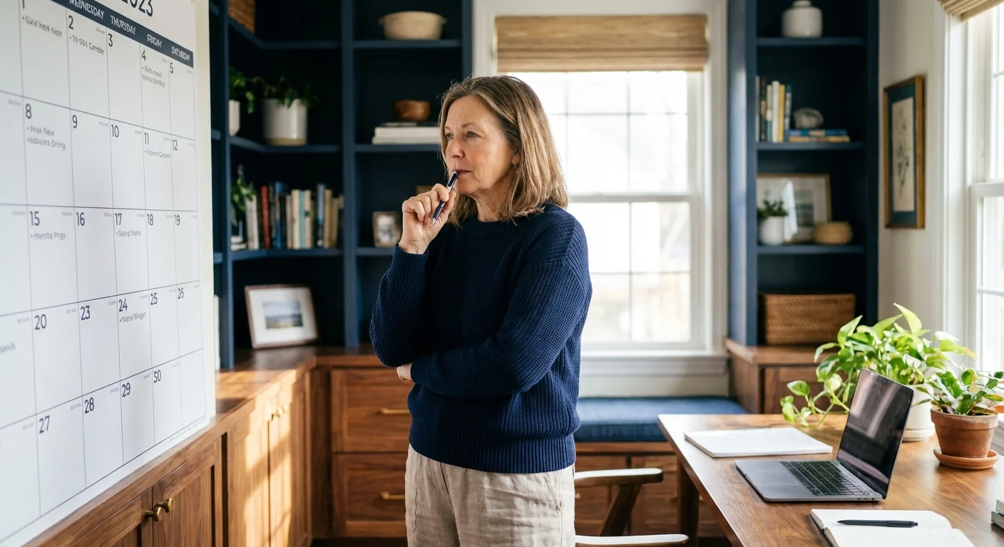 A woman checking a calendar in a sunlit home office.