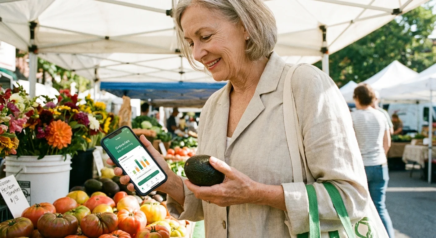 A woman checking her phone at an outdoor farmer's market.