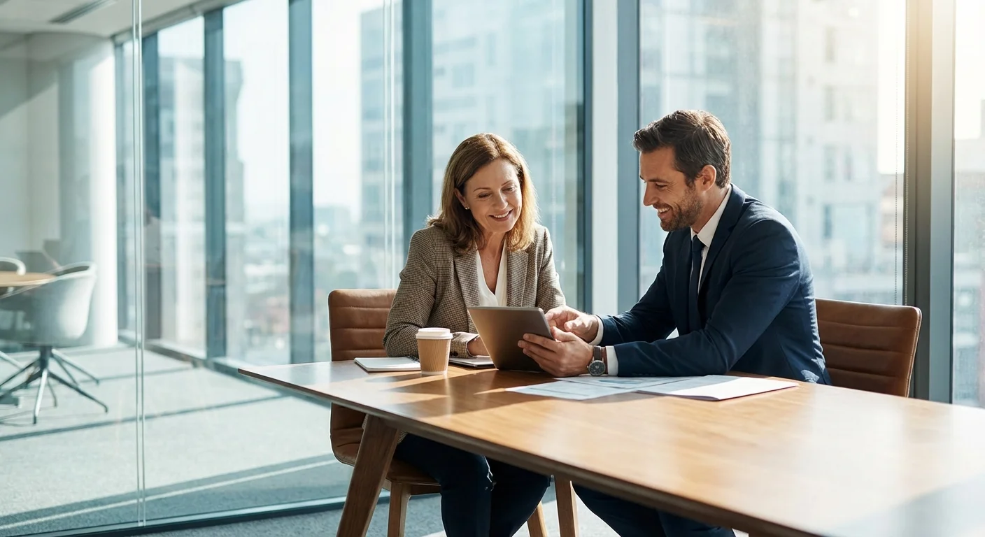 A woman consulting with a financial advisor in a professional office.