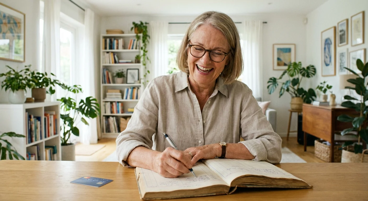 A woman crossing off a debt on a financial ledger in her home office.