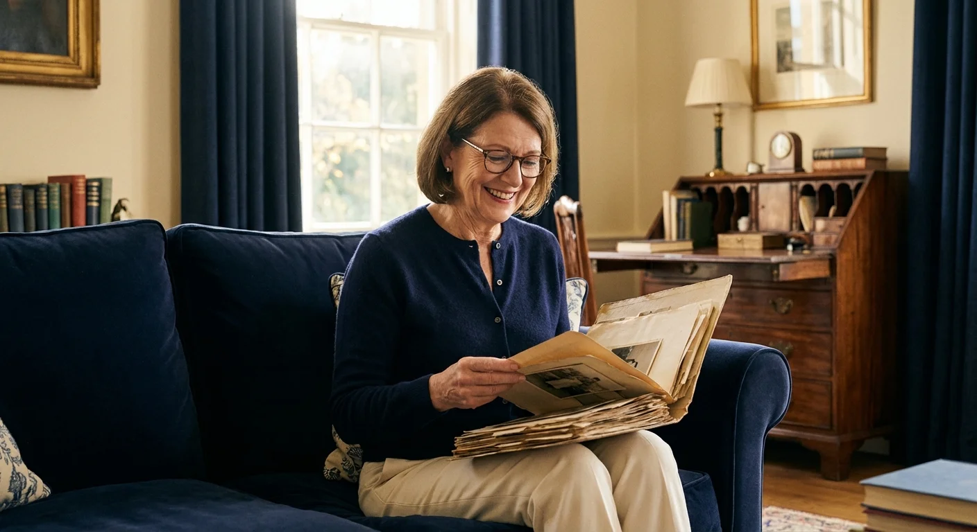 A woman discovering important documents in a file folder while sitting in her living room.