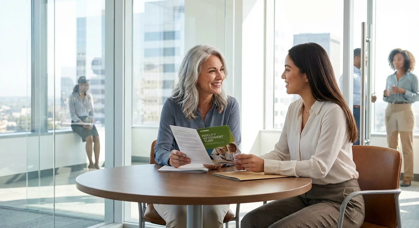 A woman discusses retirement plan options with an HR professional in a bright office.