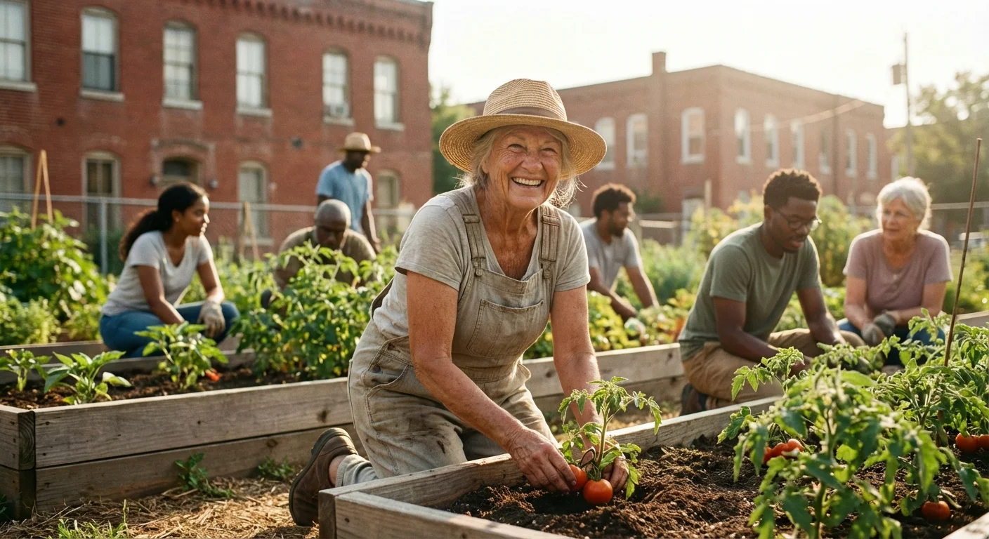 A woman gardening in a sunny urban community garden.