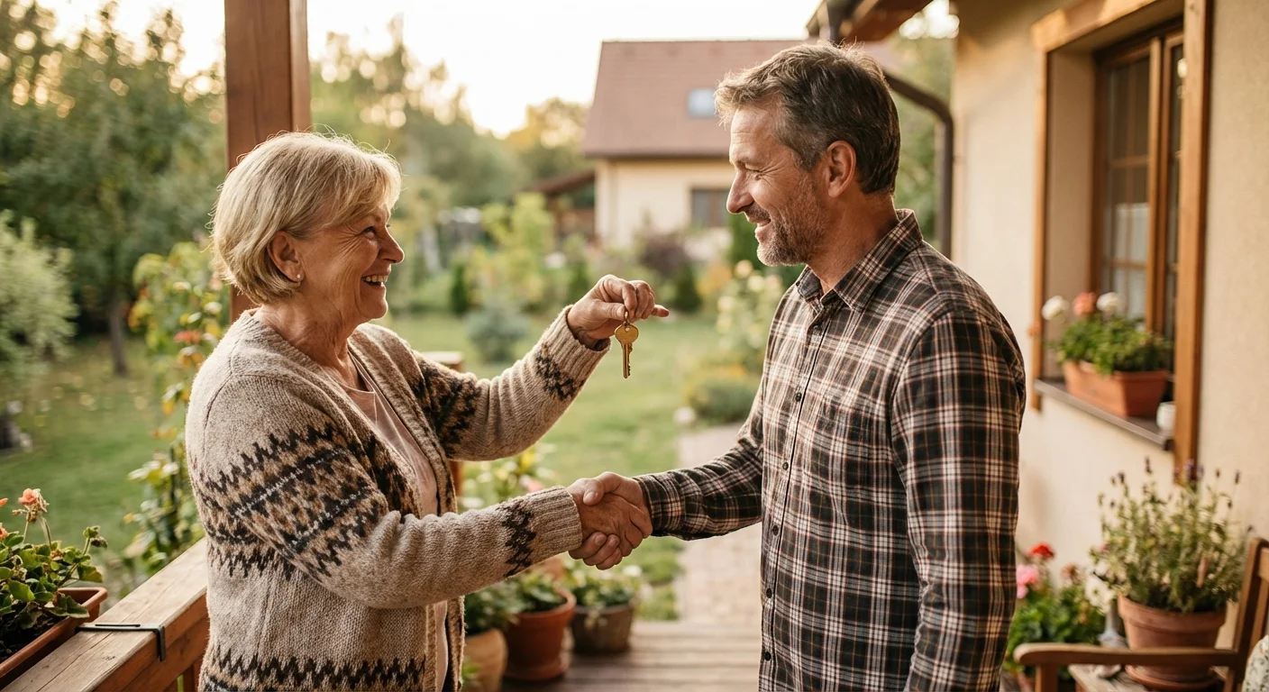 A woman handing a spare house key to her neighbor.