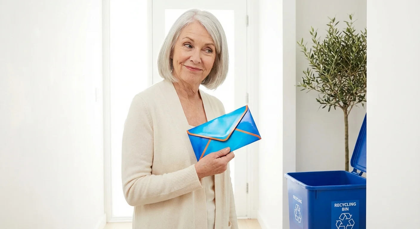 A woman holding a suspicious letter near a recycling bin in a bright hallway.