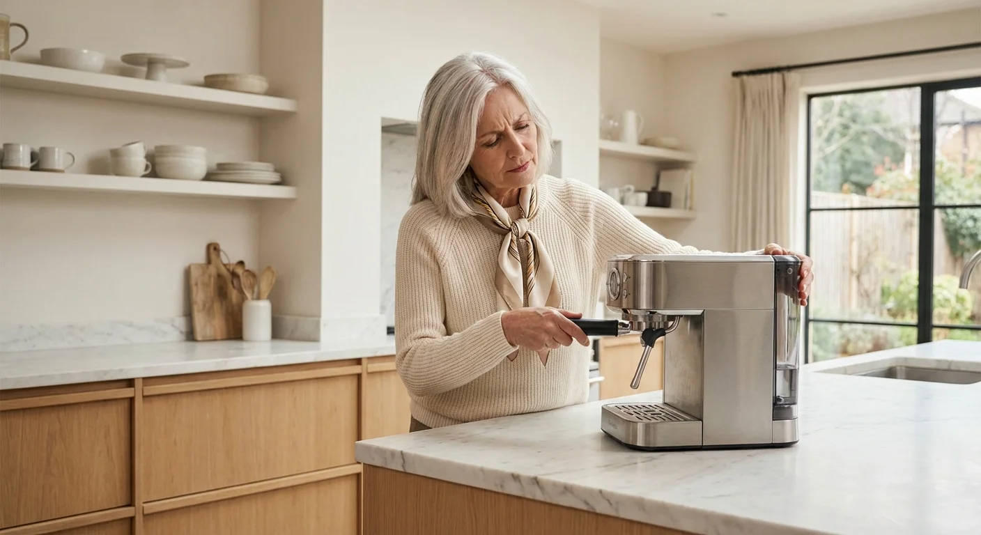 A woman inspecting the quality of a kitchen appliance in a bright home.