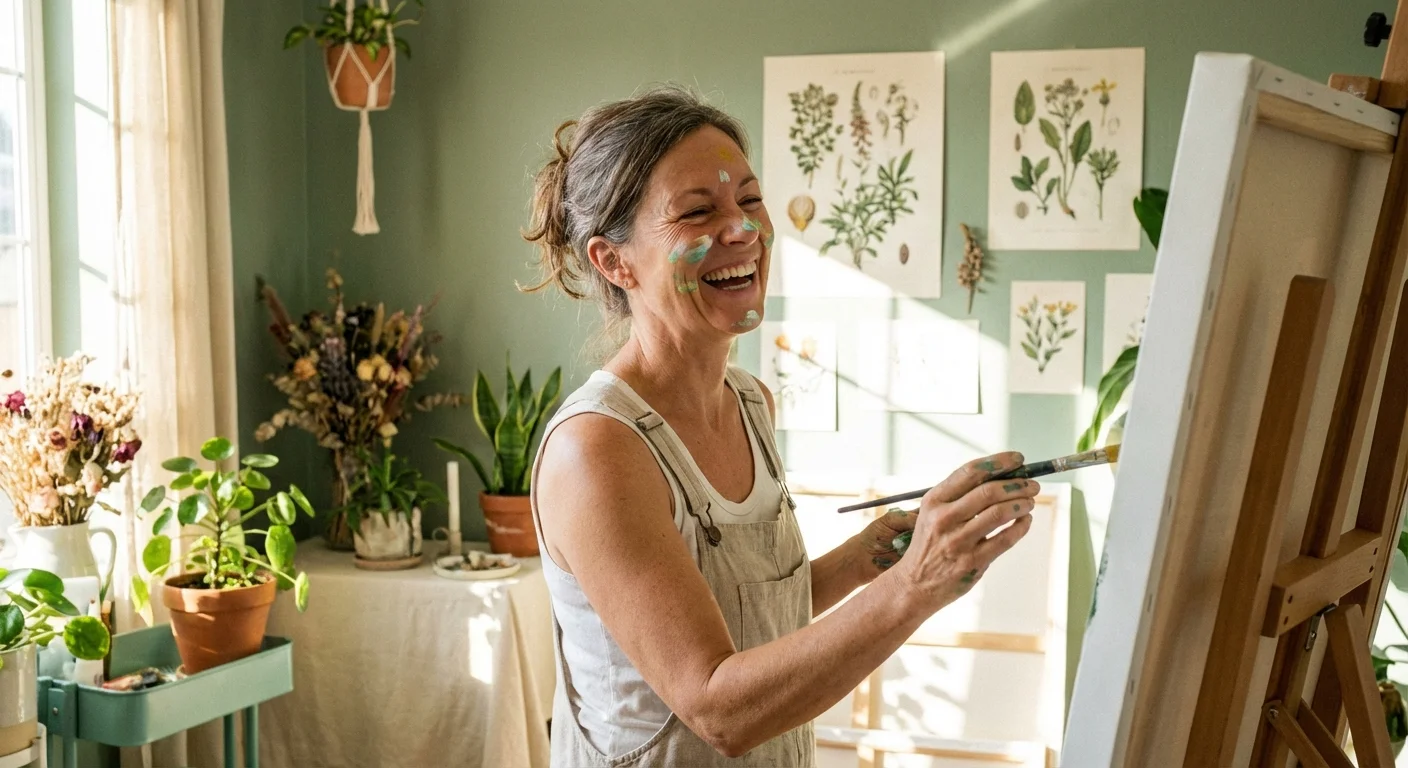 A woman joyfully painting in a bright, sunlit home art studio.