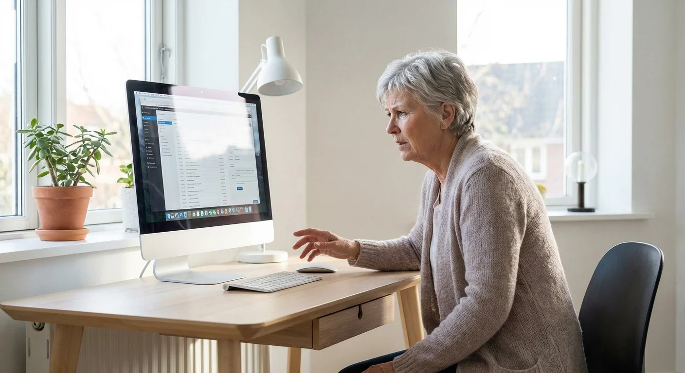 A woman looking hesitant while sitting at a computer in a modern home office.