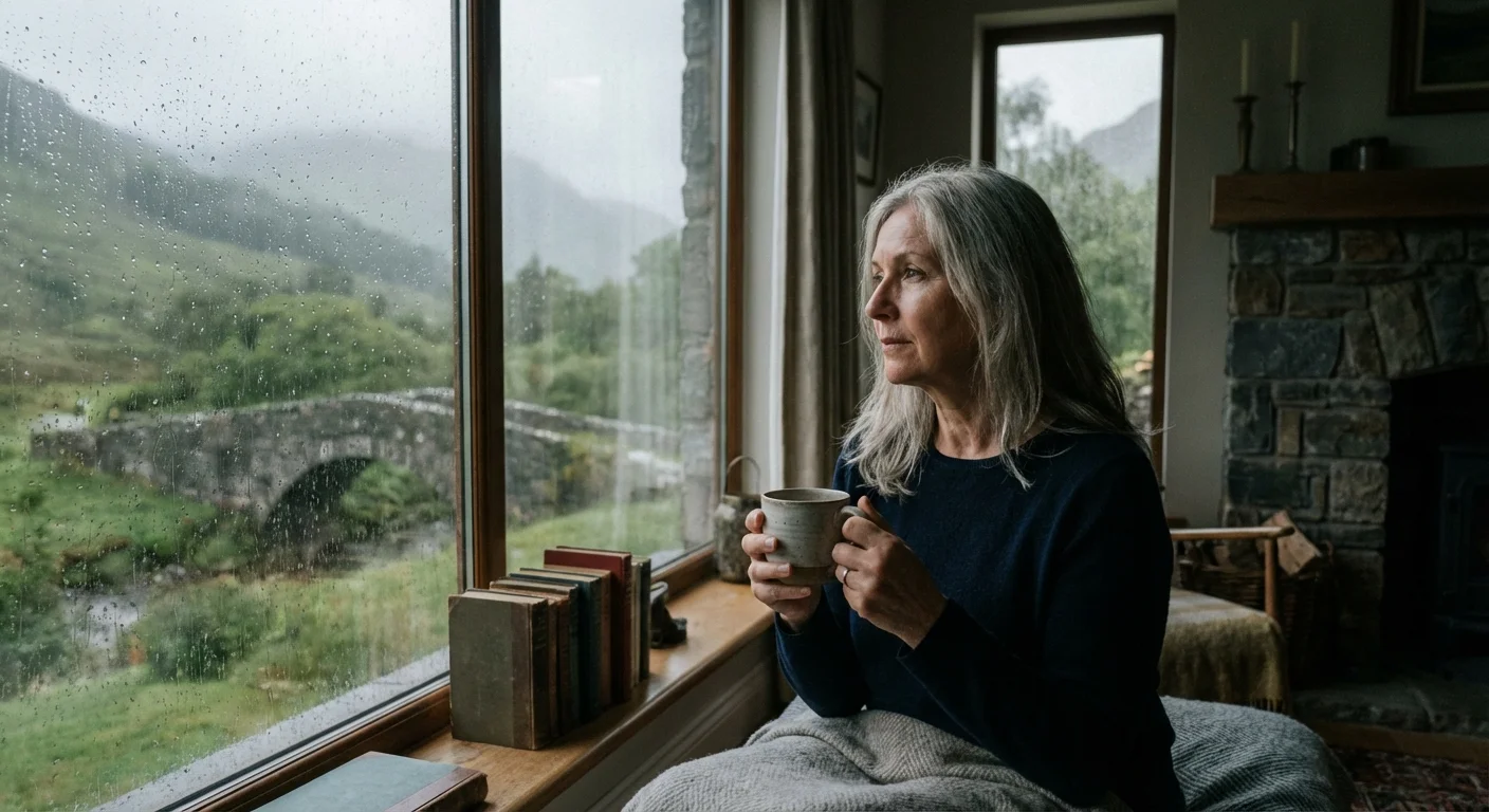 A woman looking thoughtfully out of a window, contemplating a major life decision.