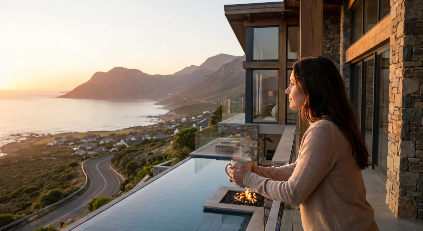 A woman looks out from a balcony at a scenic landscape during sunset.