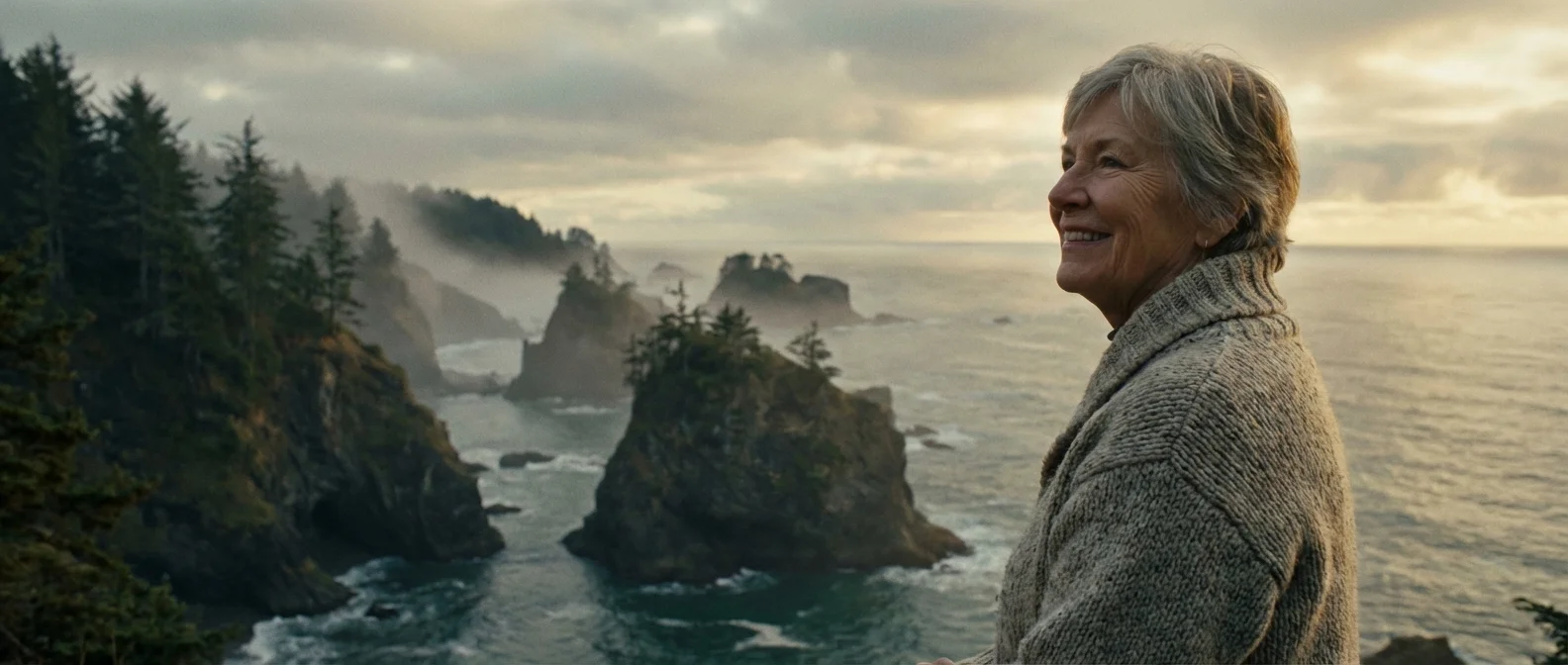 A woman looks out over the misty, rugged coastline of Coos Bay, Oregon.