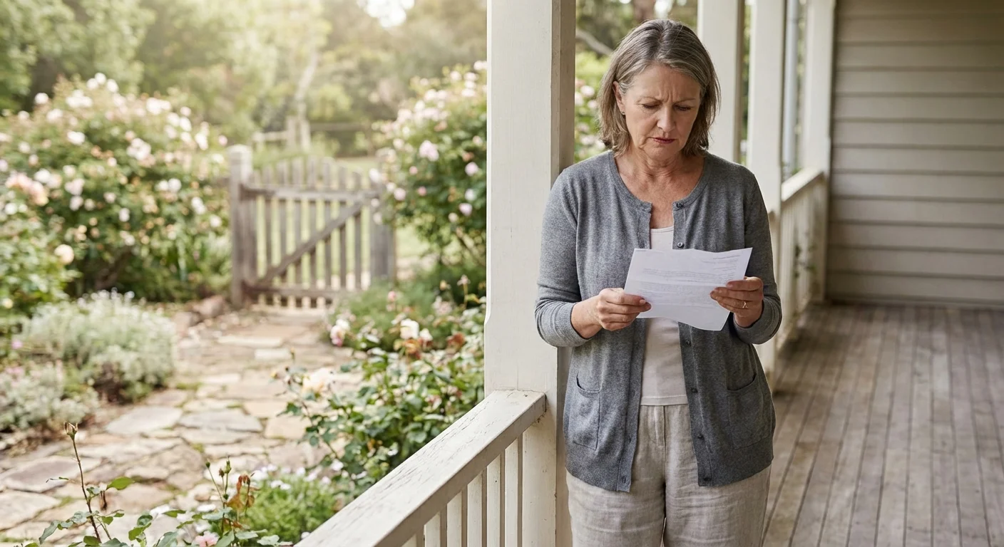 A woman on a porch looking at a document with a cautious expression.