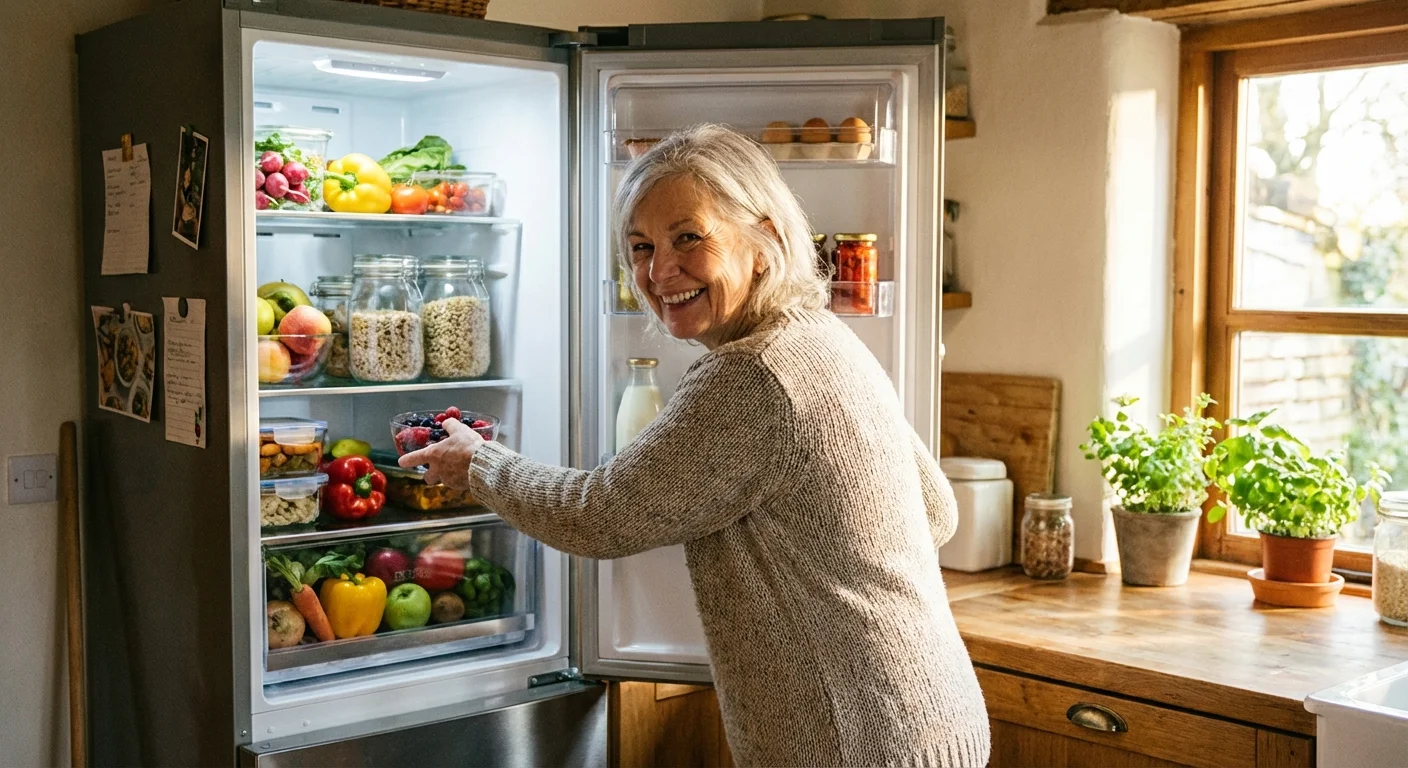 A woman opening a clean, organized stainless steel refrigerator.