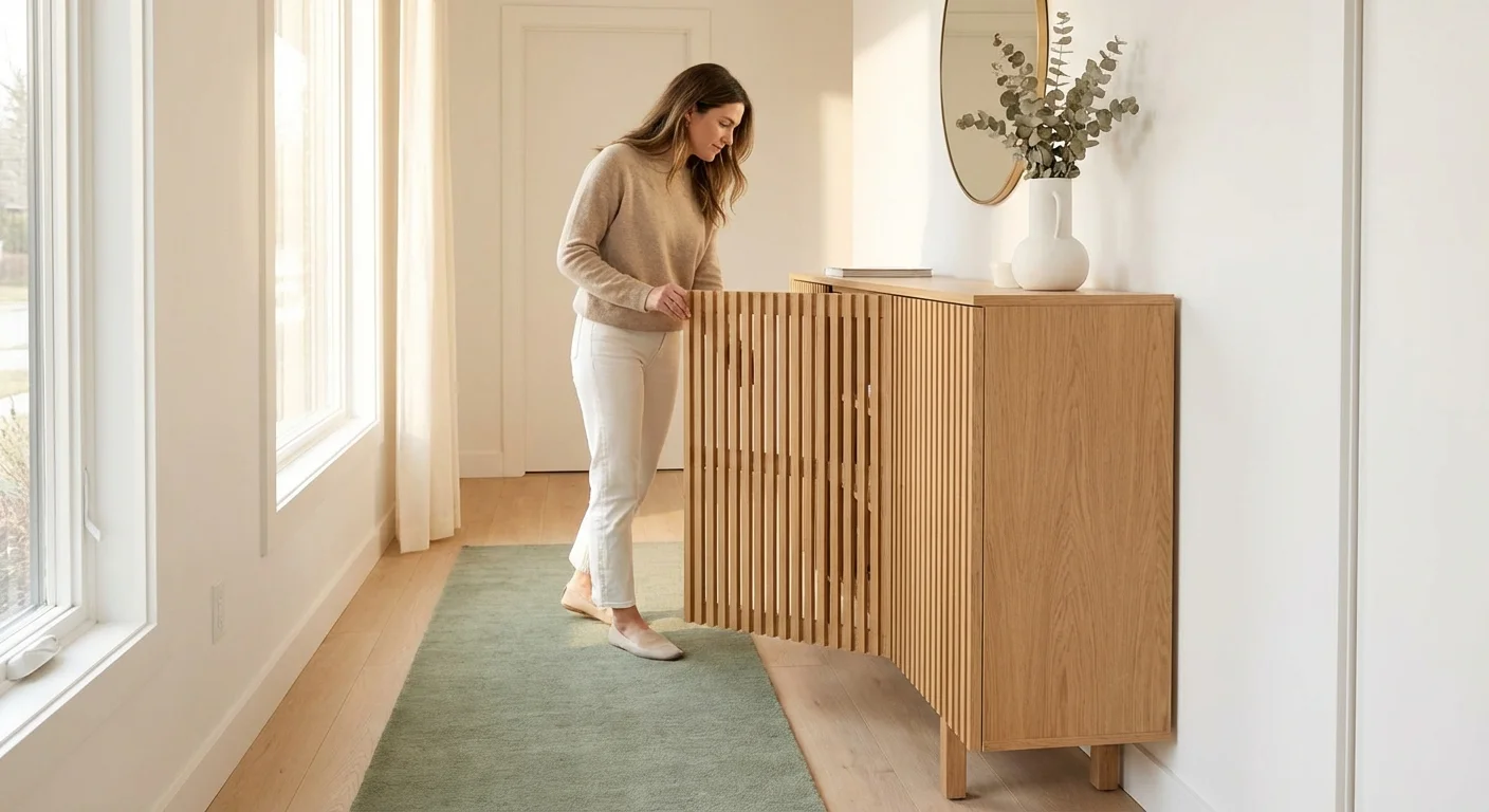 A woman opening a wooden cabinet in a bright, modern hallway.