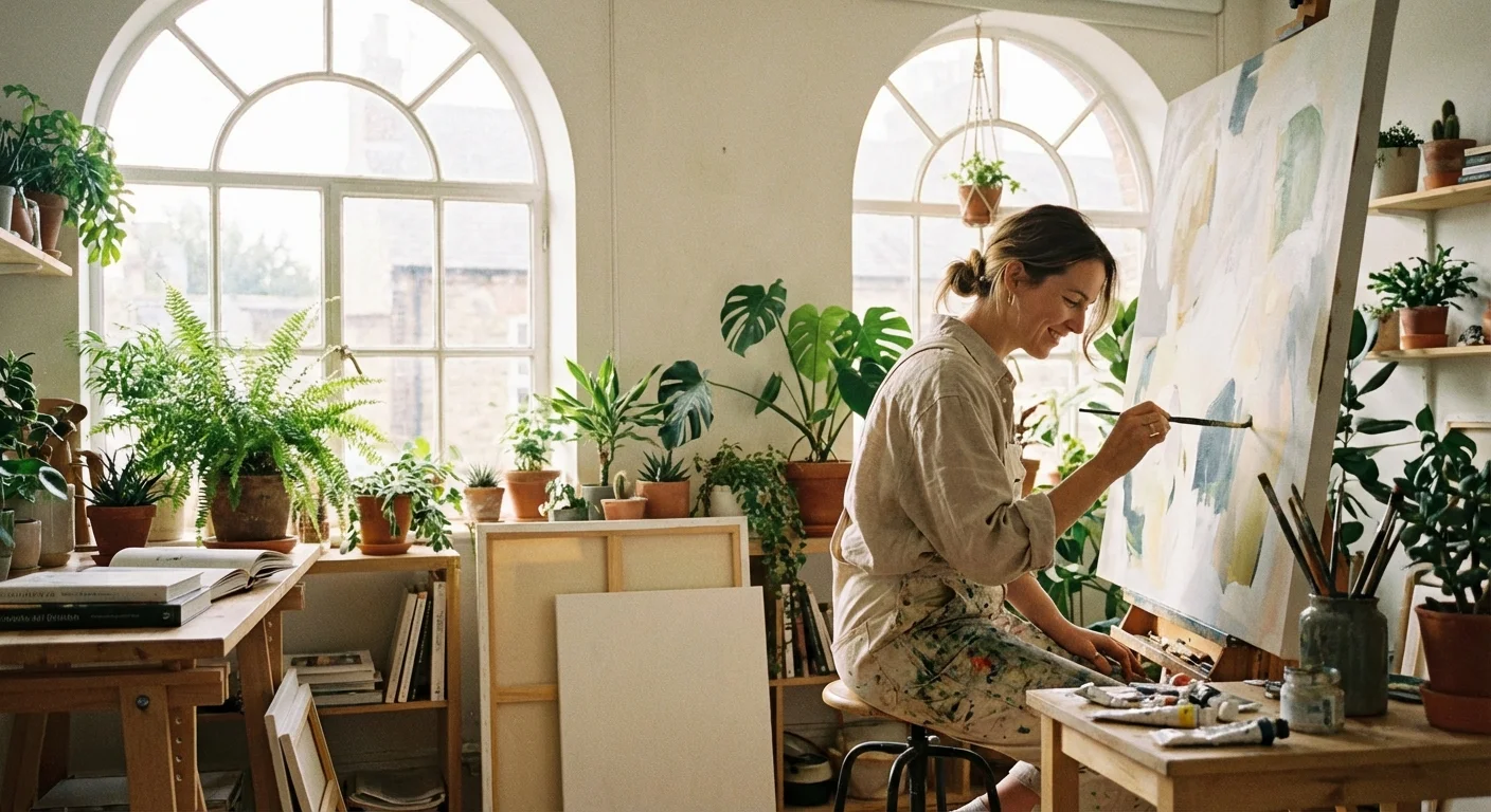 A woman painting in a bright, plant-filled art studio, pursuing her hobby.