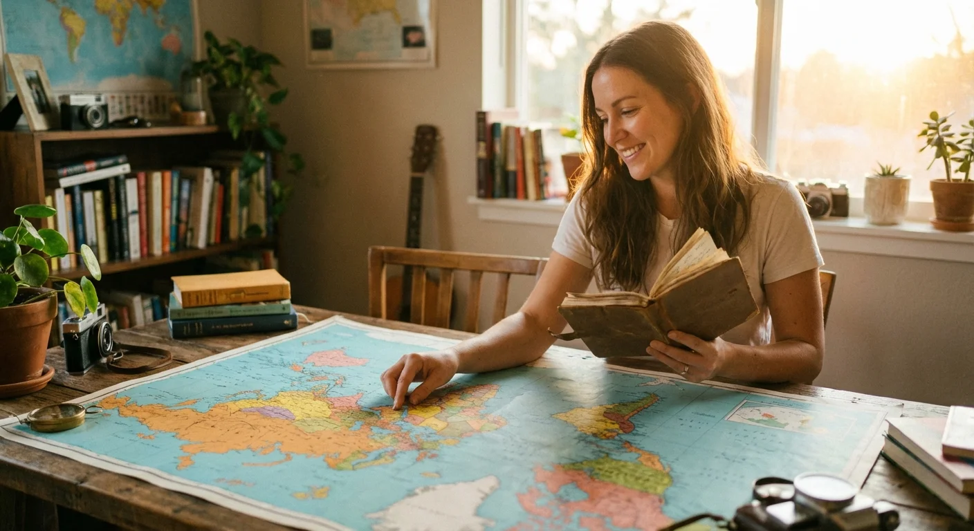 A woman planning her retirement travels by looking at a world map in a sunlit room.