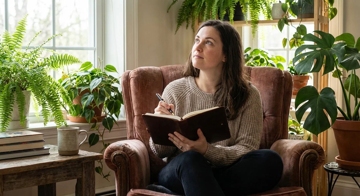 A woman reflecting with a journal in a cozy, plant-filled room.