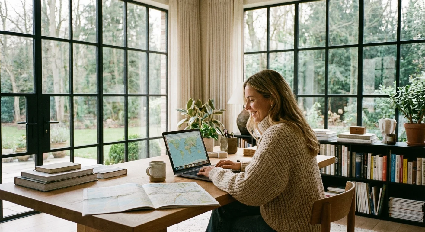 A woman researching her retirement move on a laptop in a bright home office.