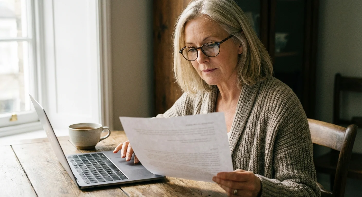A woman reviewing financial documents at a bright wooden desk.