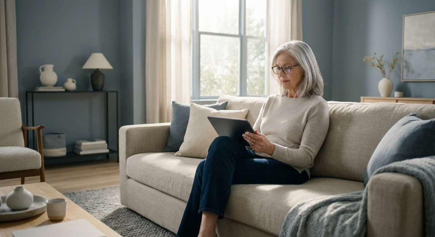 A woman reviewing her retirement accounts on a tablet in a bright living room.