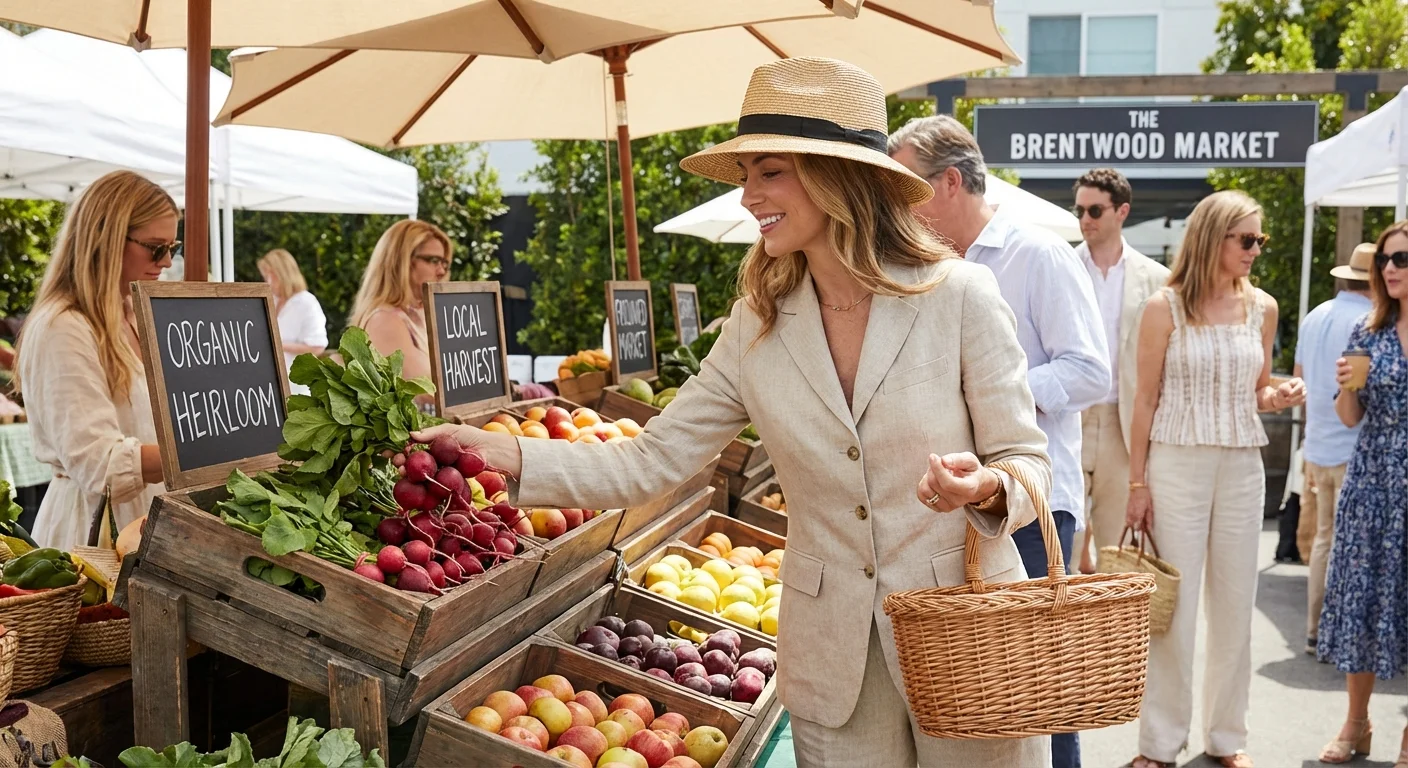 A woman shopping for fresh produce at a bright outdoor market.