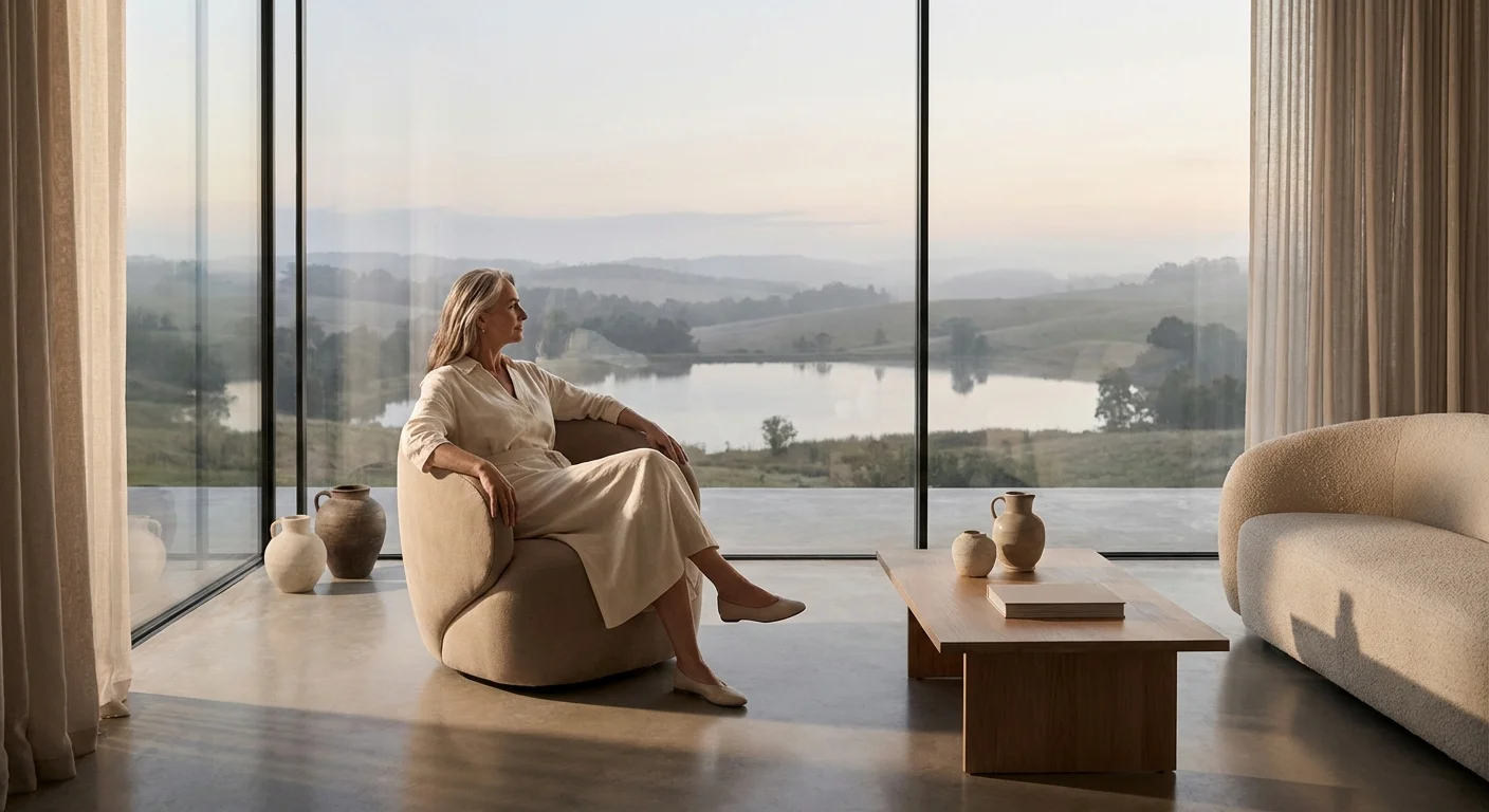 A woman sitting in a quiet, luxury living room, reflecting on the reality of a permanent vacation.