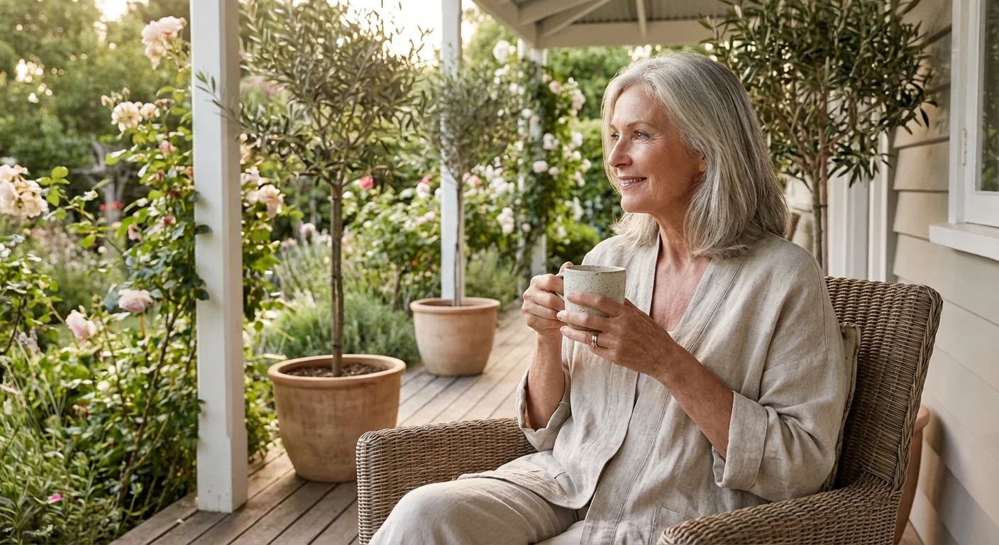 A woman sitting on a porch chair looking thoughtfully at a garden.