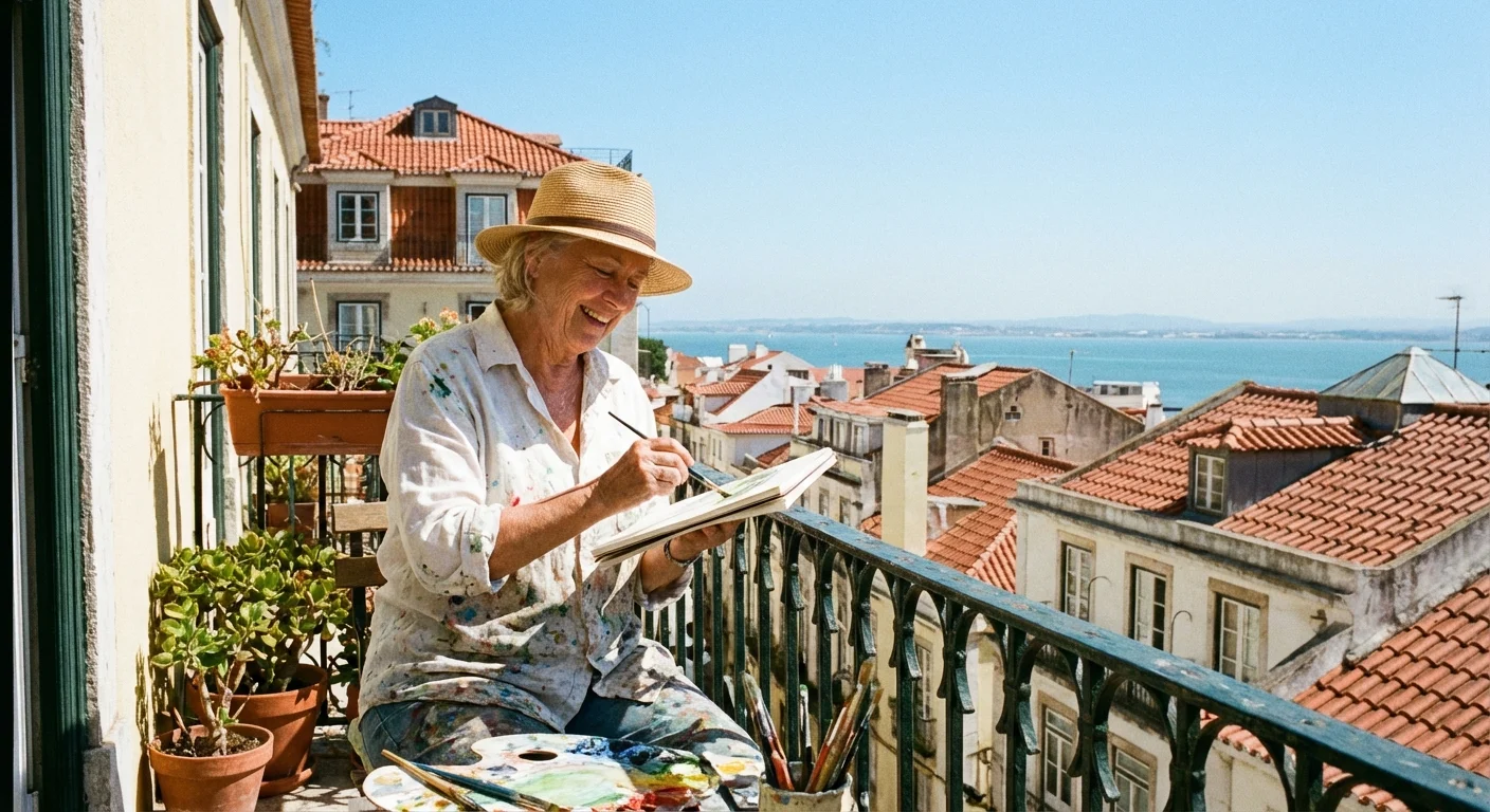 A woman sketching a city view from a balcony in Lisbon, Portugal.