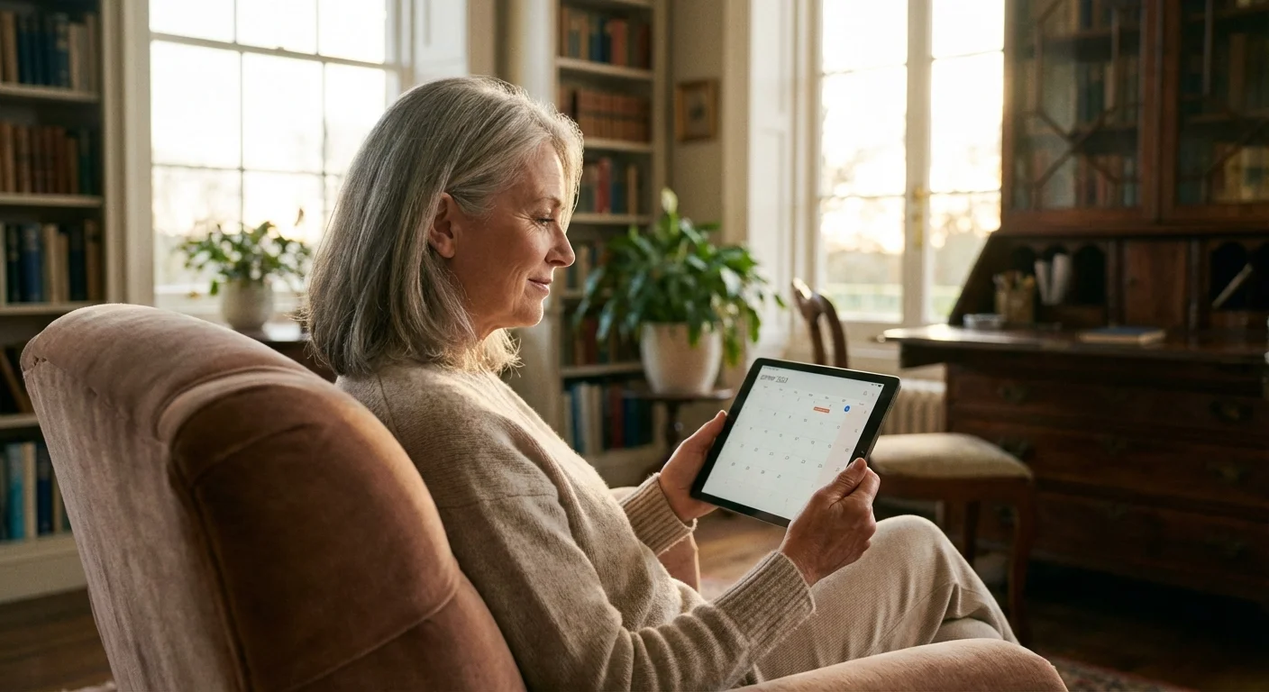 A woman thoughtfully checking a calendar on her tablet in a cozy living room.