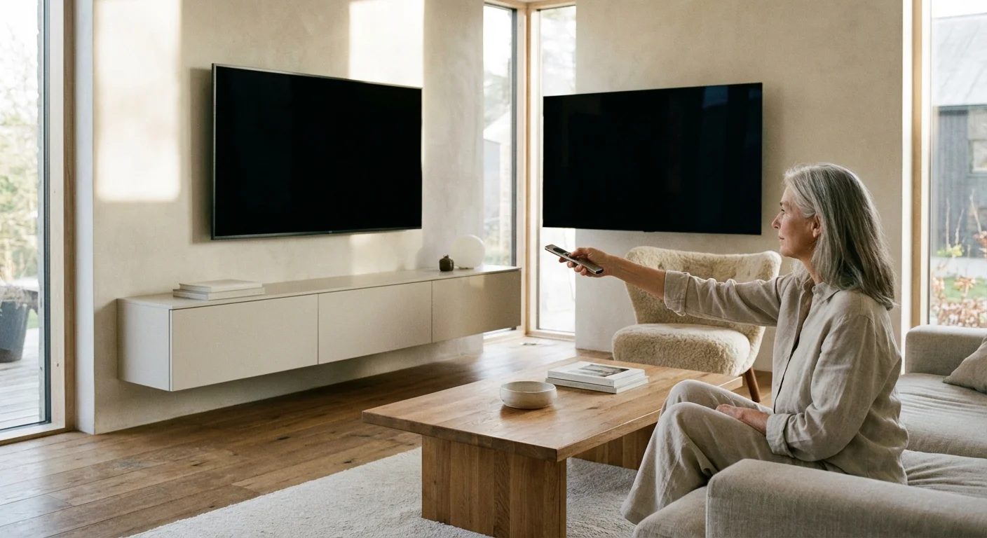 A woman turning off a large television in a modern, sunlit living room.