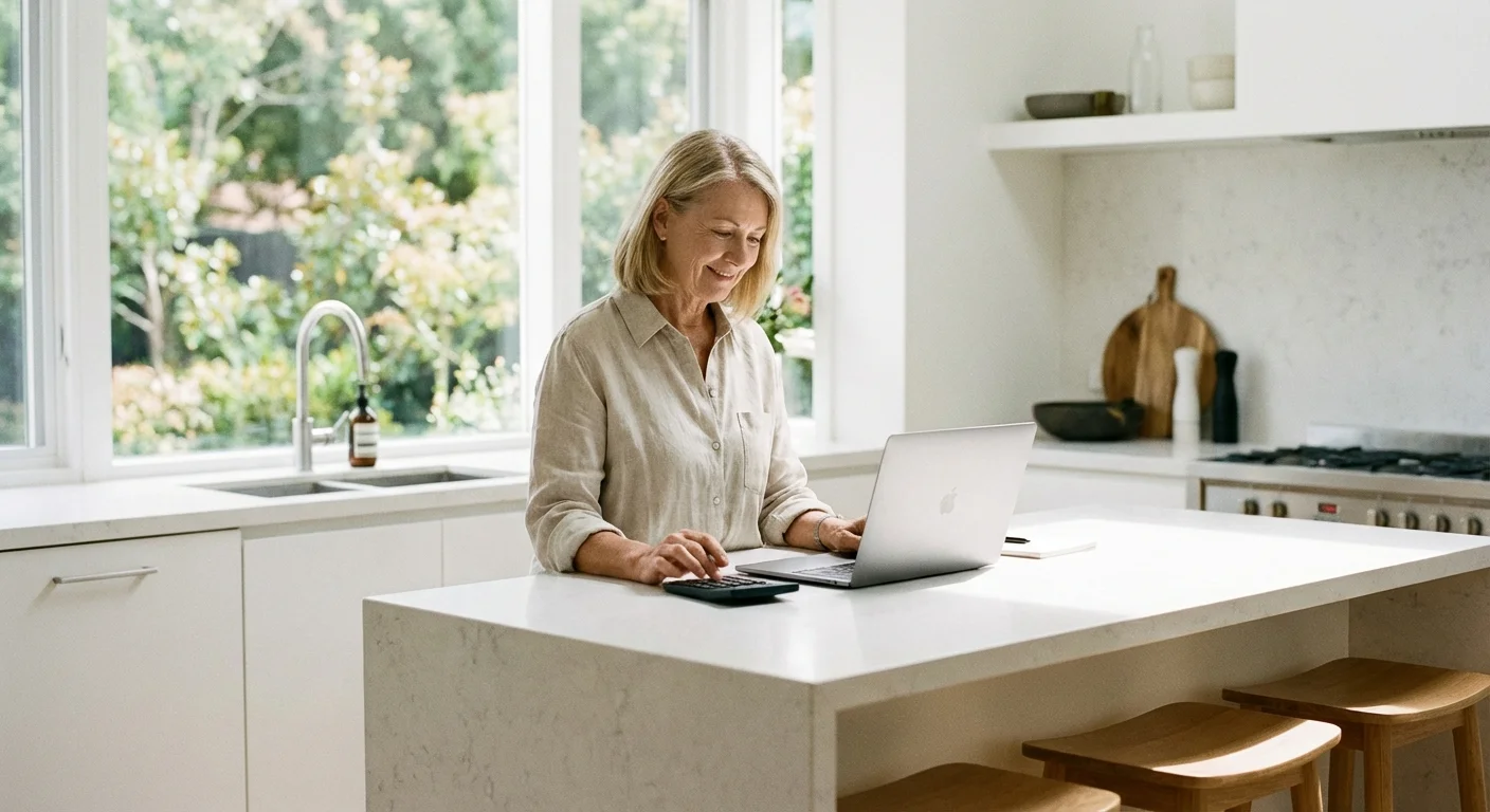 A woman uses a laptop and calculator in a bright, modern kitchen.