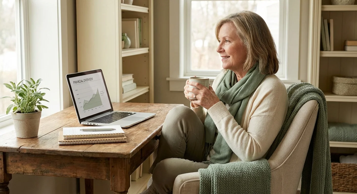 A woman uses a laptop in a cozy home office, representing the careful evaluation of retirement taxes.