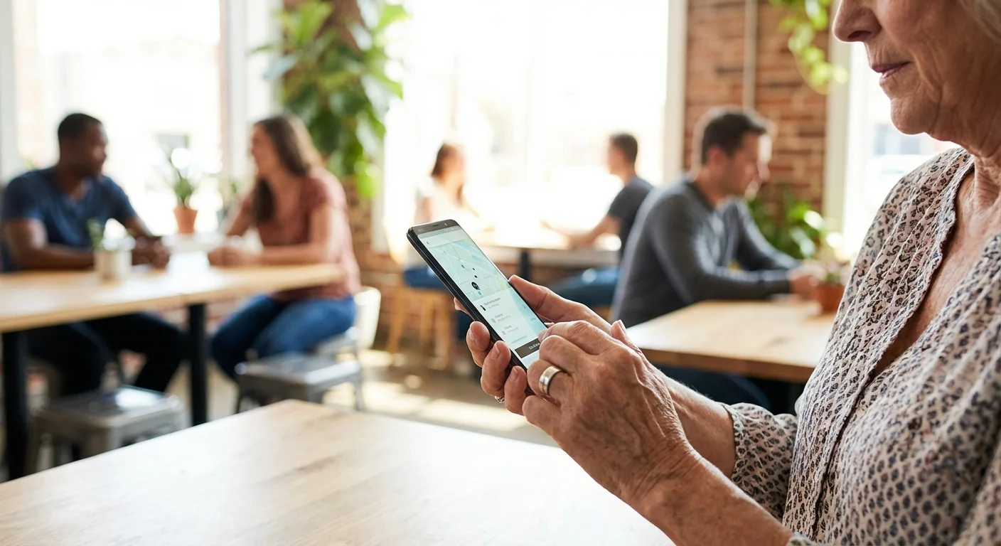 A woman using a smartphone app in a bright, modern cafe.