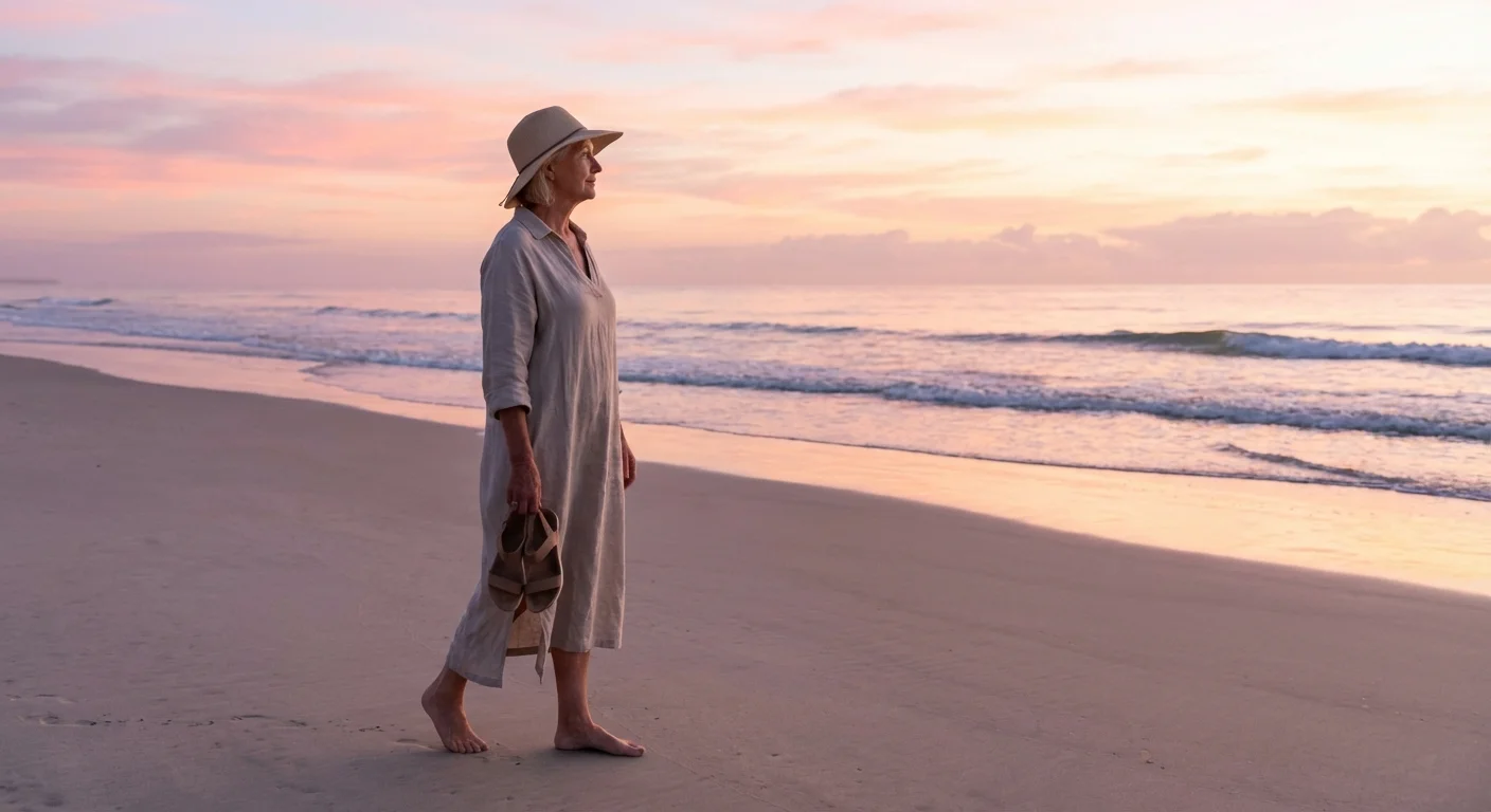 A woman walking on a beach at sunrise with calm waves.