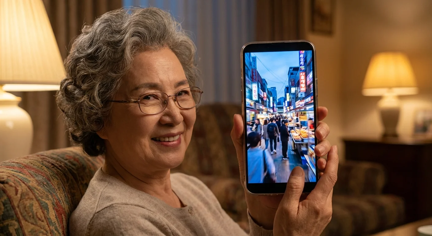 A woman watching a virtual street-level tour of a Seoul shopping district on her smartphone.