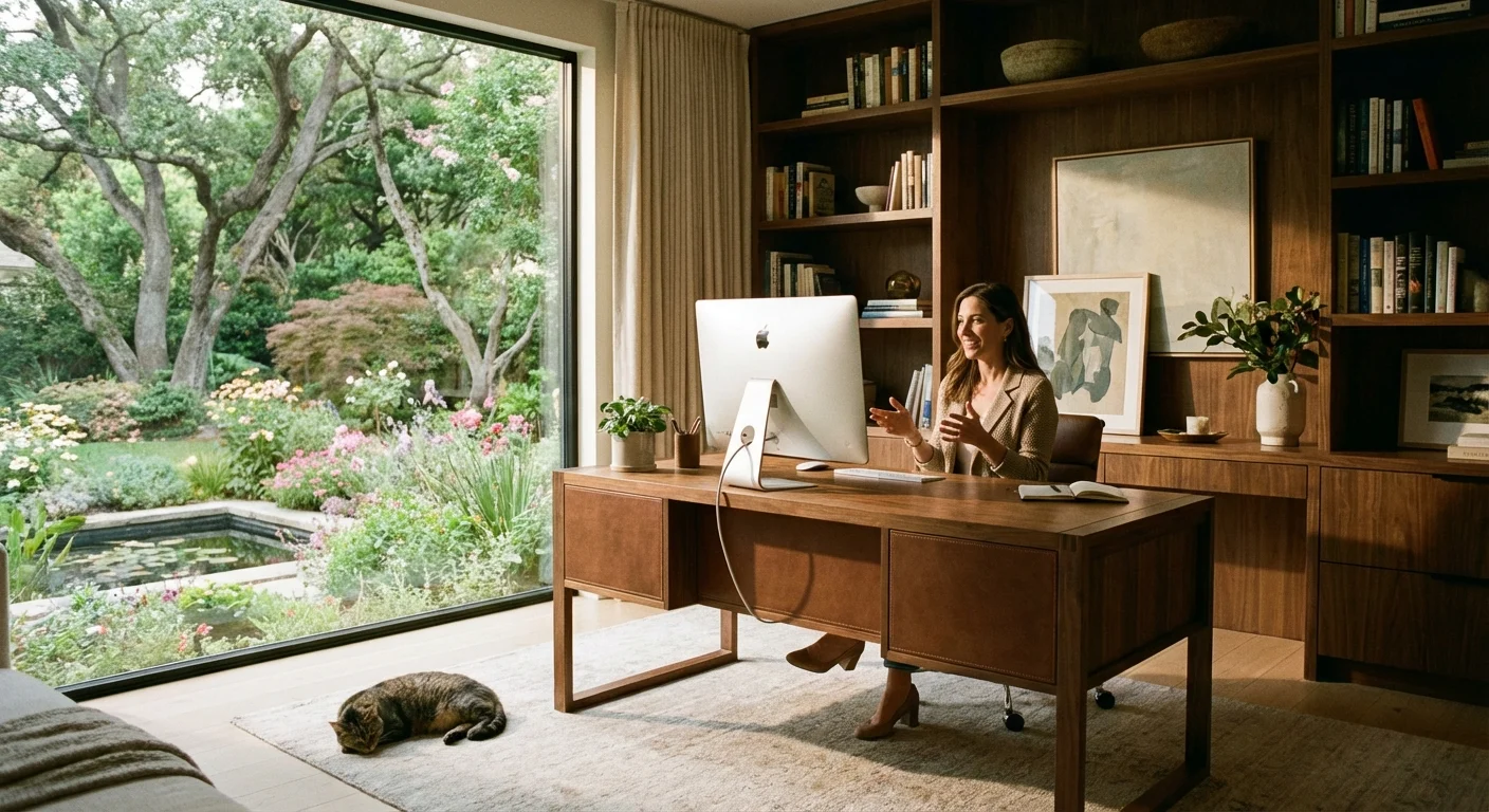 A woman working from a beautiful, sunlit home office.