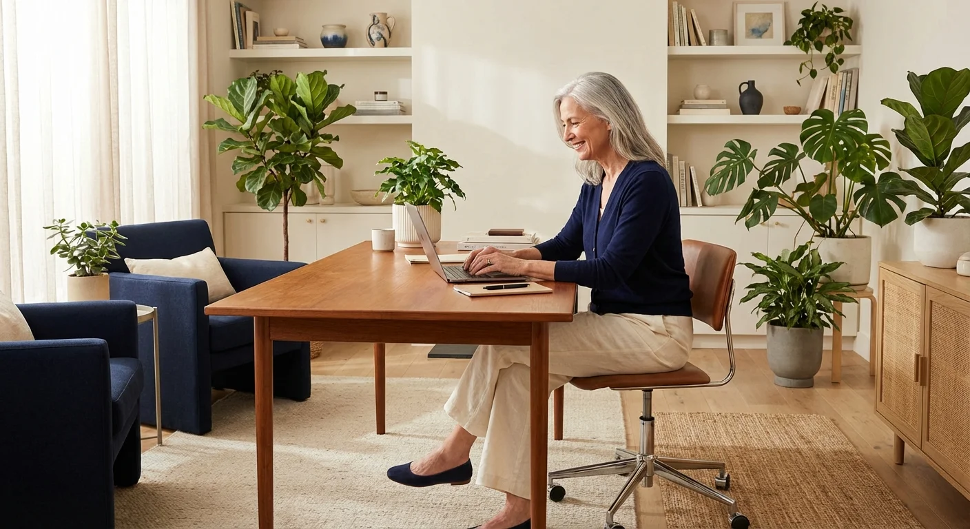 A woman working on a laptop in a bright, modern home office.