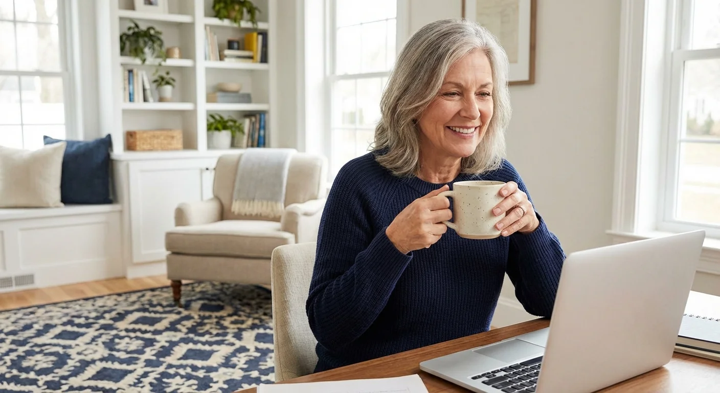 A woman works on her laptop in a bright, professional home office.