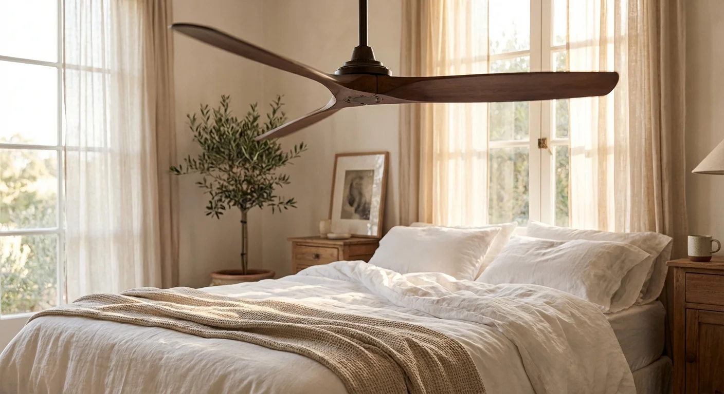 A wooden ceiling fan in a bright, airy bedroom with soft natural light.