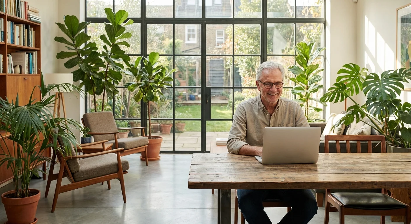 Active senior man working on a laptop at home.