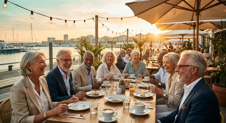 Active seniors laughing together at a sunny outdoor waterfront cafe during golden hour.