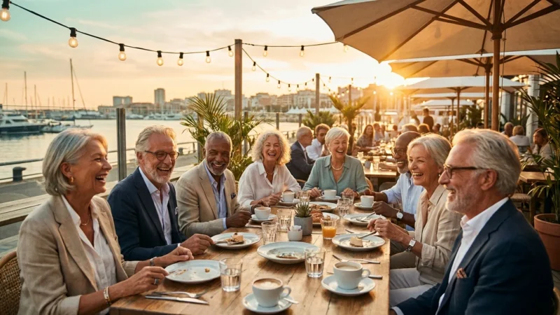 Active seniors laughing together at a sunny outdoor waterfront cafe during golden hour.