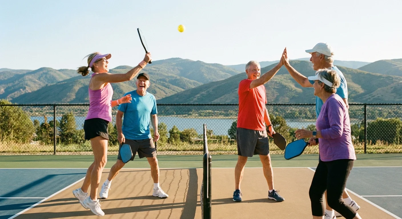 Active seniors playing pickleball with mountains in the background.