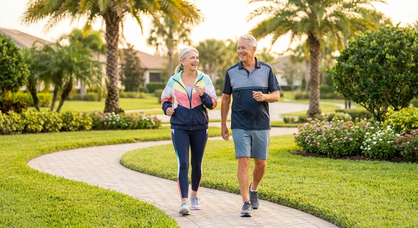 Active seniors walking through a sunny, manicured 55+ community park.