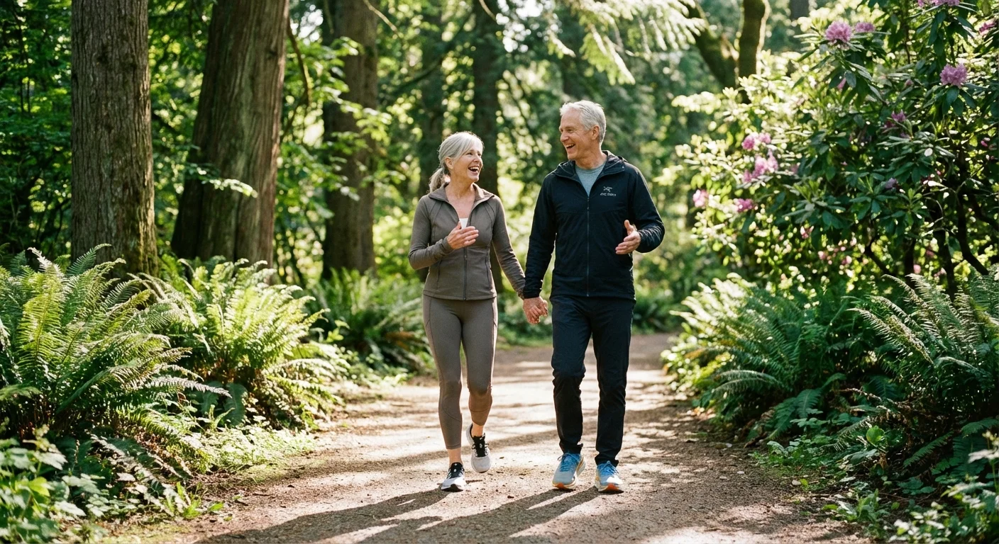 An active retired couple power walking through a beautiful green park.