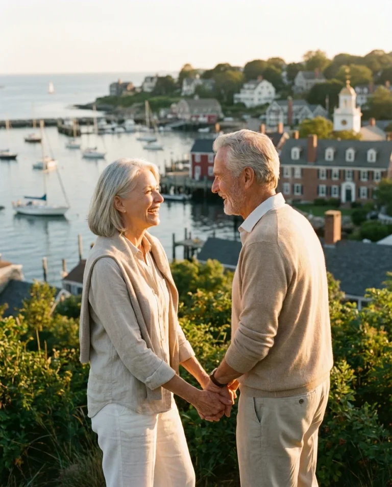 An active senior couple looking out over a scenic coastal town during a golden sunset.