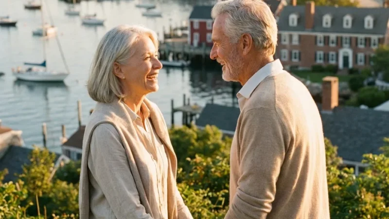 An active senior couple looking out over a scenic coastal town during a golden sunset.