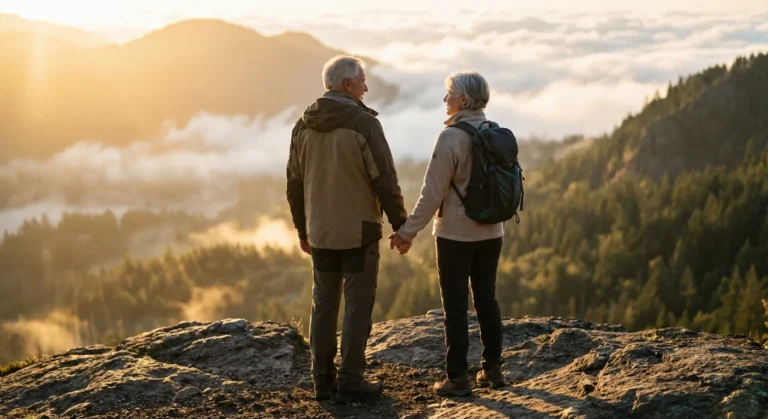 An active senior couple stands on a scenic overlook during a golden sunrise.